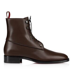 NWT Christian Louboutin Chambeliboot Flat Booties In Cosme Brown Leather Lace Up
